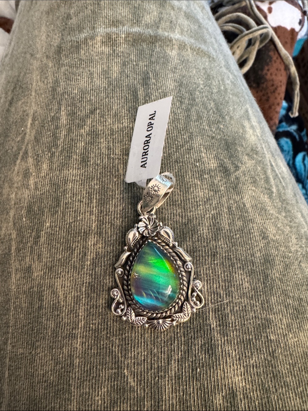 Teardrop Pendant Necklace in Green-Blue Aurora Opal 924 silver